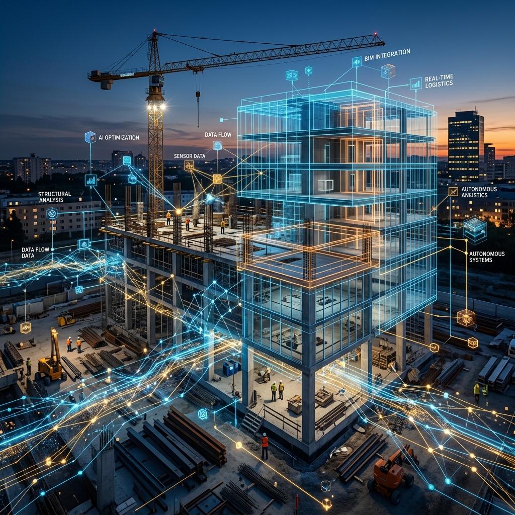 AI data networks and 3D architectural models overlaying a modern building construction site