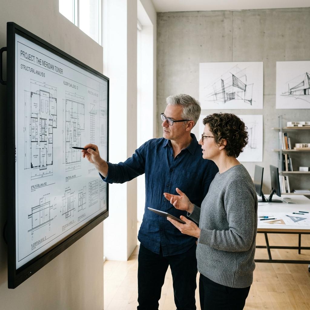 Architect and structural engineer reviewing blueprint blueprints on a digital screen in a studio