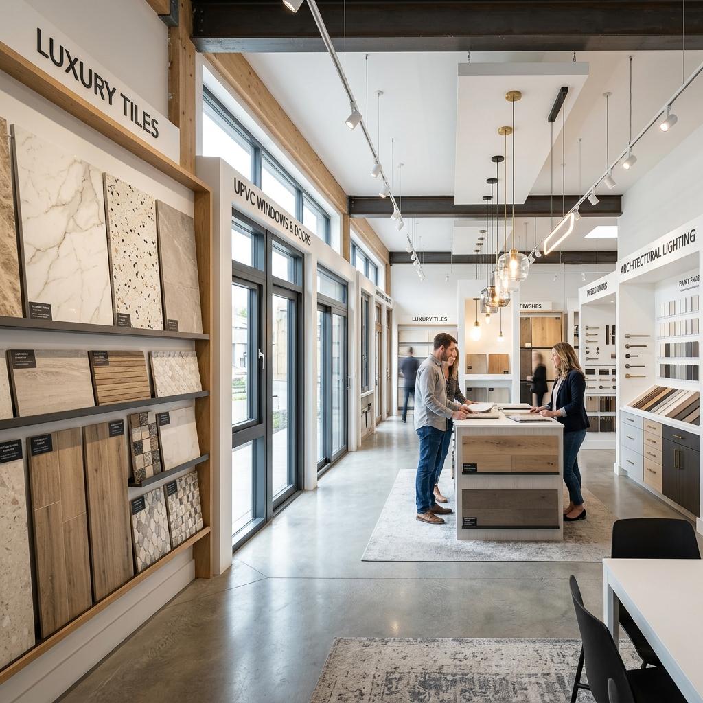 Modern architectural material showroom displaying luxury tiles, UPVC windows, lighting, and finishing products