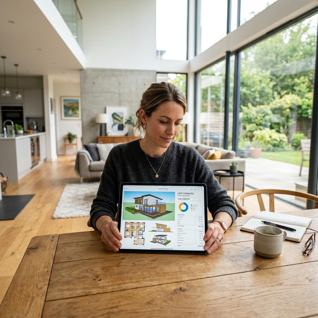 Homeowner reviewing 3D architectural plans and cost estimates on a tablet inside a modern home