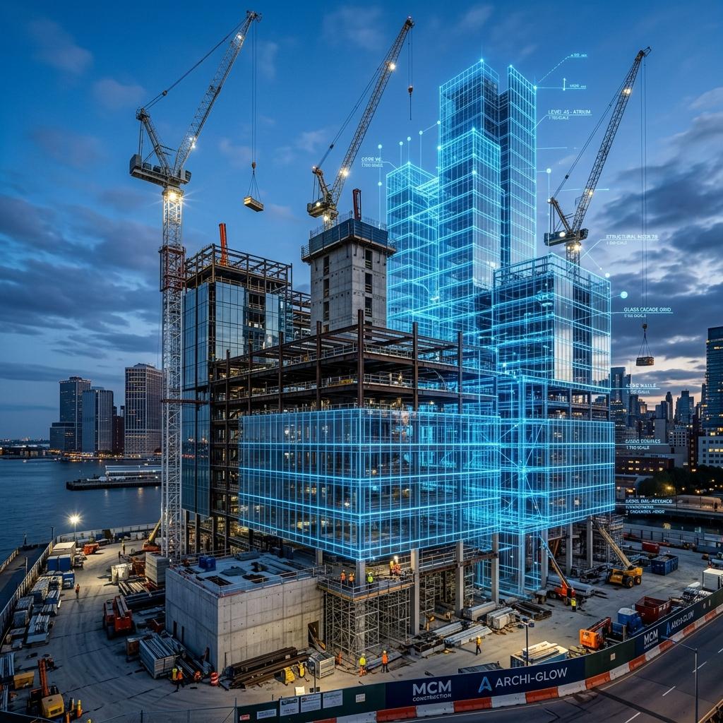 Modern architectural building site blending real structural steel and glass with a futuristic digital blueprint overlay