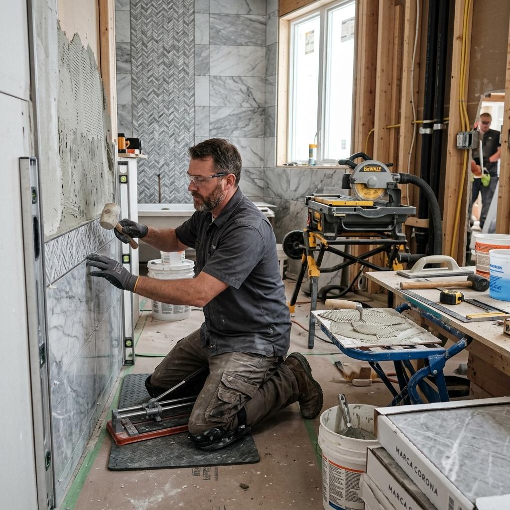 Skilled craftsman installing precise tile work on a high-end construction site, focused with professional equipment